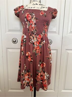 Mauve Floral Knit Fit & Flare Smocked Square Neck Dress Puff Sleeve S